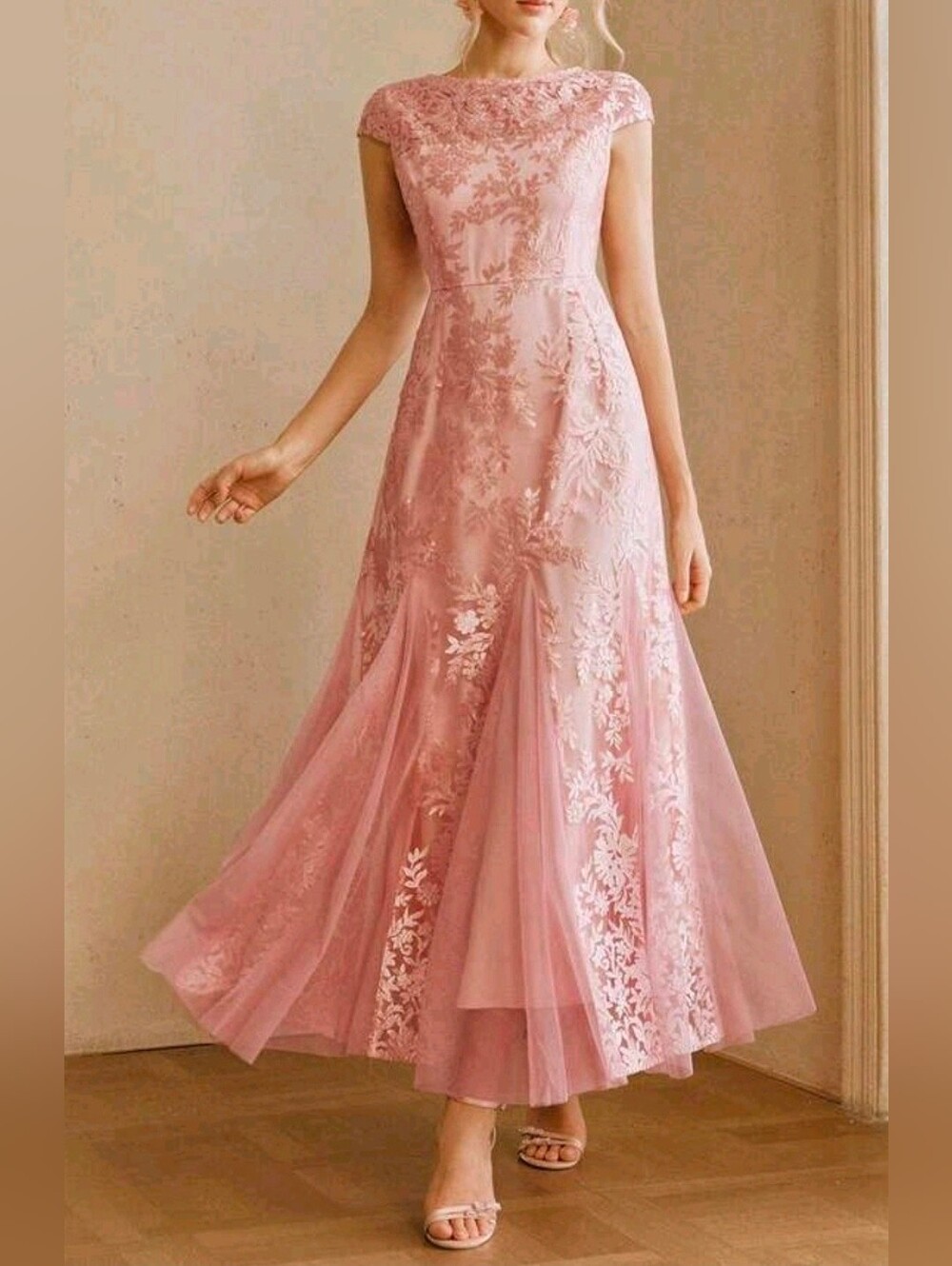 New Lux Jacquard Floral Mesh Panel Flare Midi Dress Pink Short Sleeve